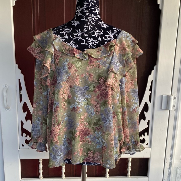 Cato Women's Sheer Floral Crepe Ruffle Poet Blouse Top Open Back with tie bow - Picture 4 of 16